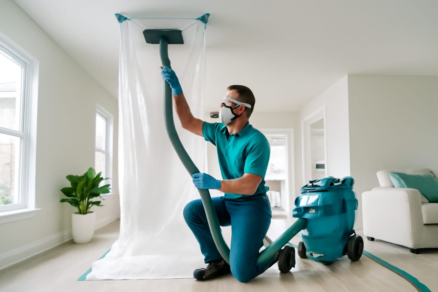 Certified technician performing air duct mold removal under containment in a Houston TX home