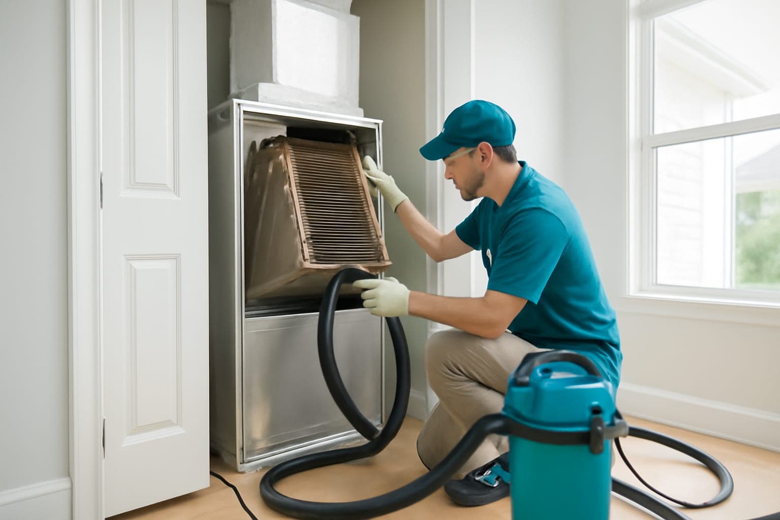 Technician deep-cleaning an air conditioner evaporator coil at a Houston TX home